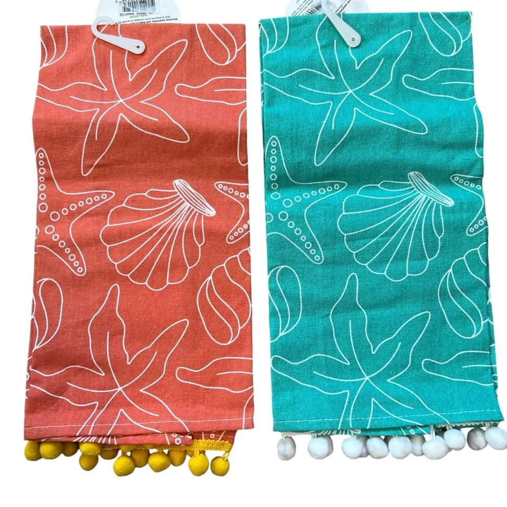 Tea Towels Oceanview Orange and Aqua with pompoms